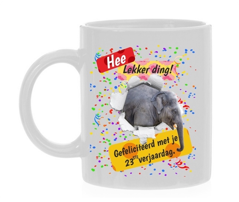 Leuke en orginele mok met full colour afbeelding olifant verjaardag 23 jaar