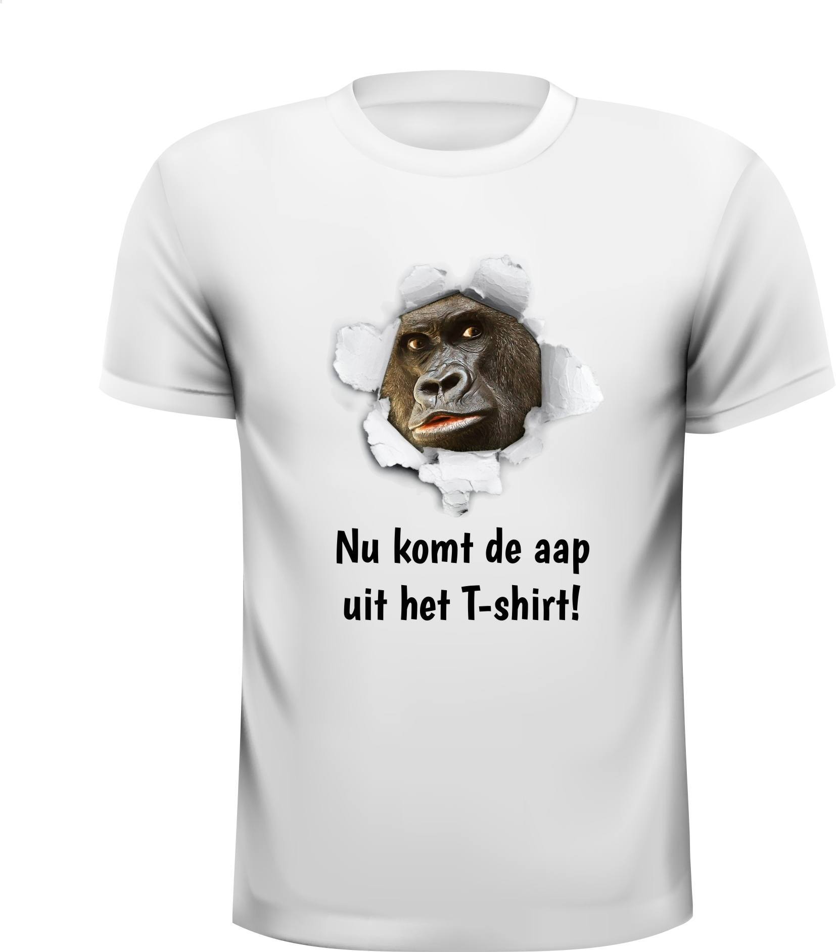 T-shirt Nu komt de aap uit het T-shirt van het spreekwoord Nu komt de aap uit de mouw
