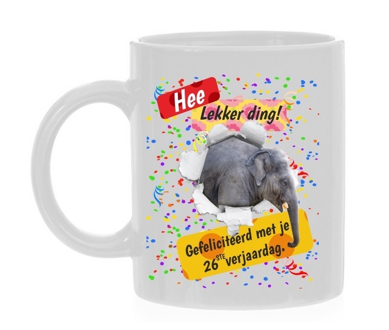 Thee mok full colour verjaardag 26 jaar met feestelijke print olifant