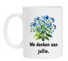Vergeet-mij-nietje koffiemok we denken aan jullie. Steunen corona leuk cadeau