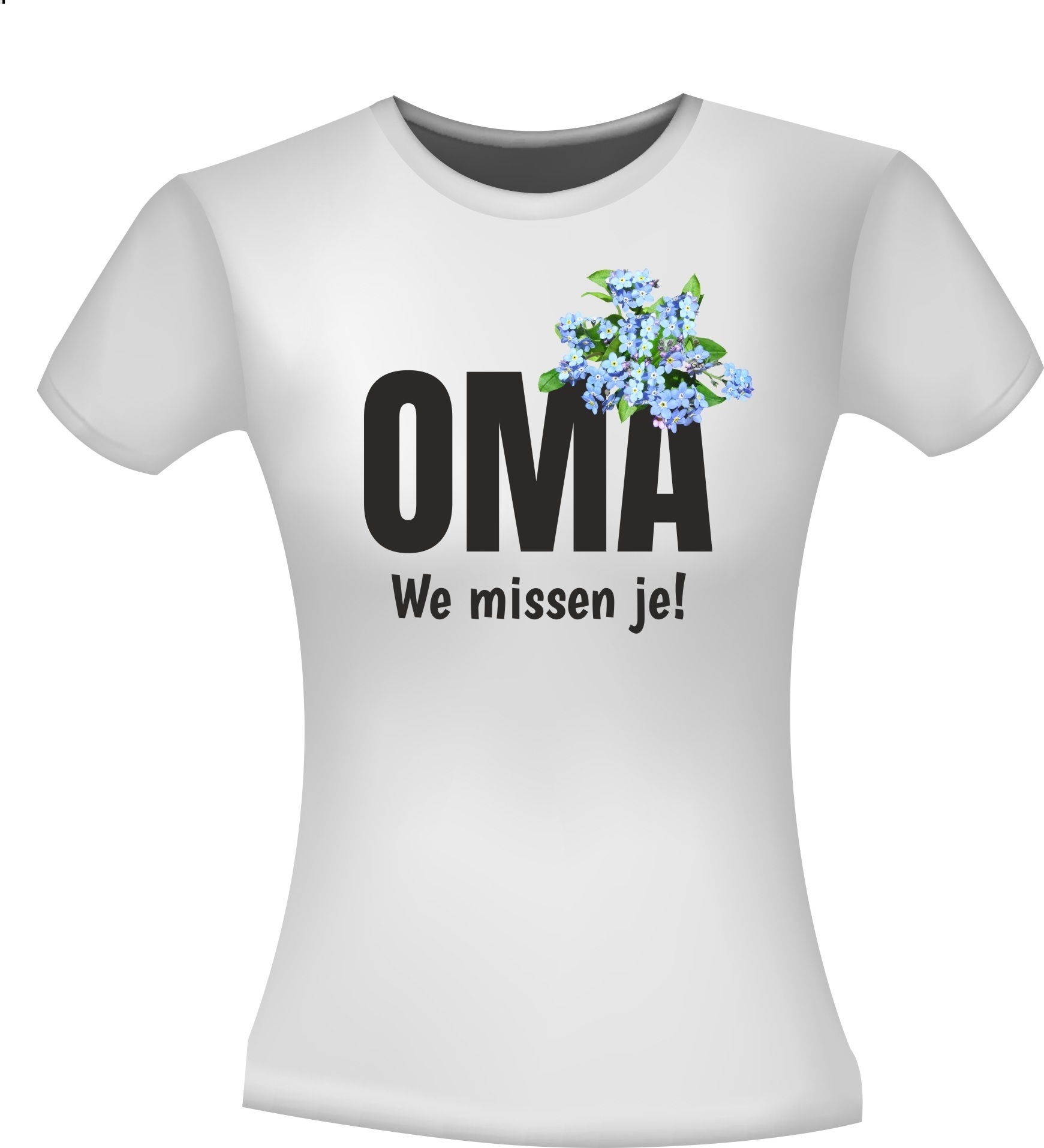 vergeet-mij-nietje T-shirt oma wij missen jou steun coronatijd