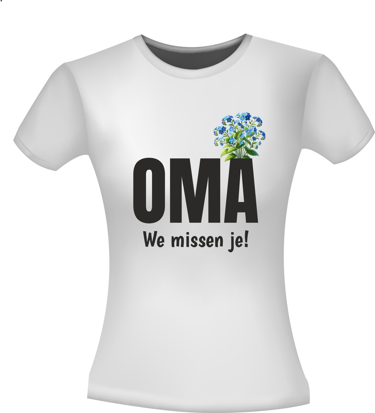 vergeet-mij-nietje T-shirt oma wij missen jou steun coronatijd