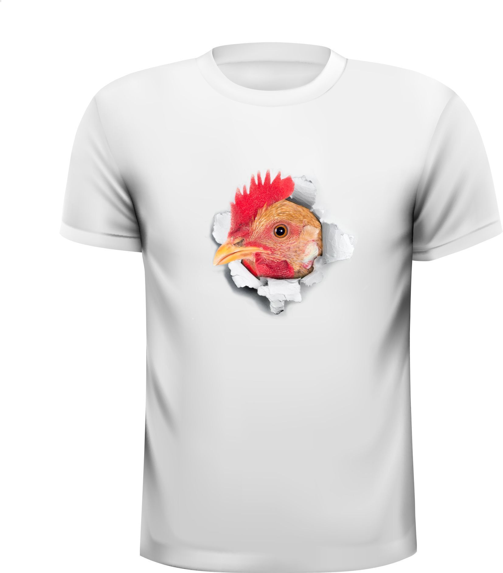 Kip kruip met zijn kop uit T-shirt wit