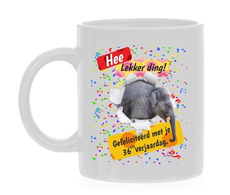 Kleurrijke beker verjaardag 36 jaar grappige afbeelding olifant lekker ding