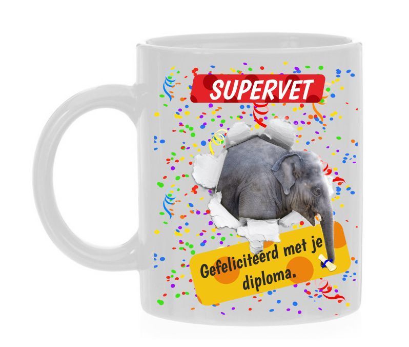Koffiemok beker supervet gefeliciteerd met je diploma olifant