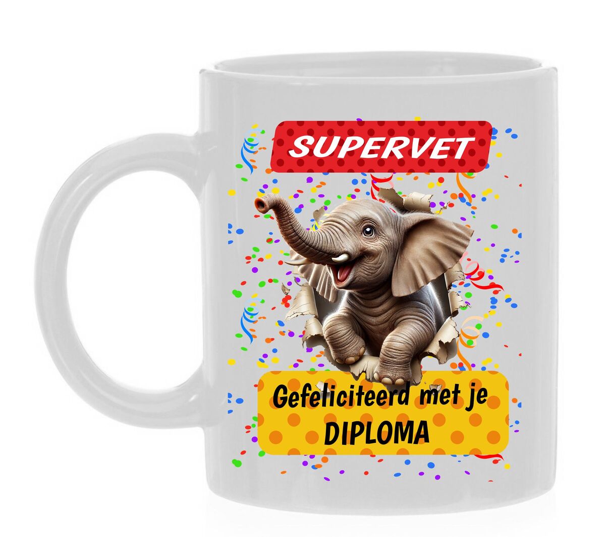 Koffiemok beker supervet gefeliciteerd met je diploma olifant