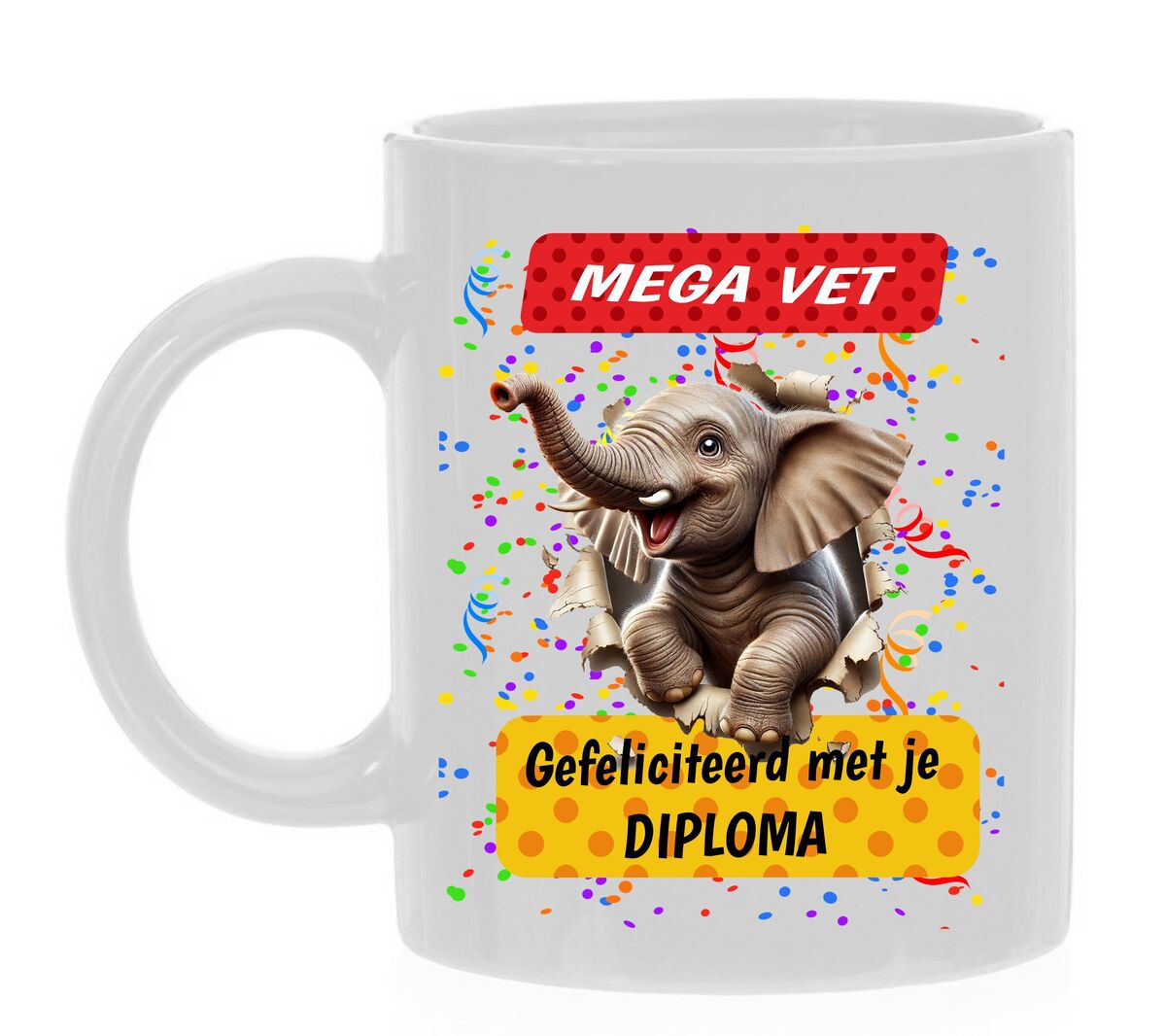 Mega vet koffiemok gefeliciteerd met je diploma! Dikke olifant grappig