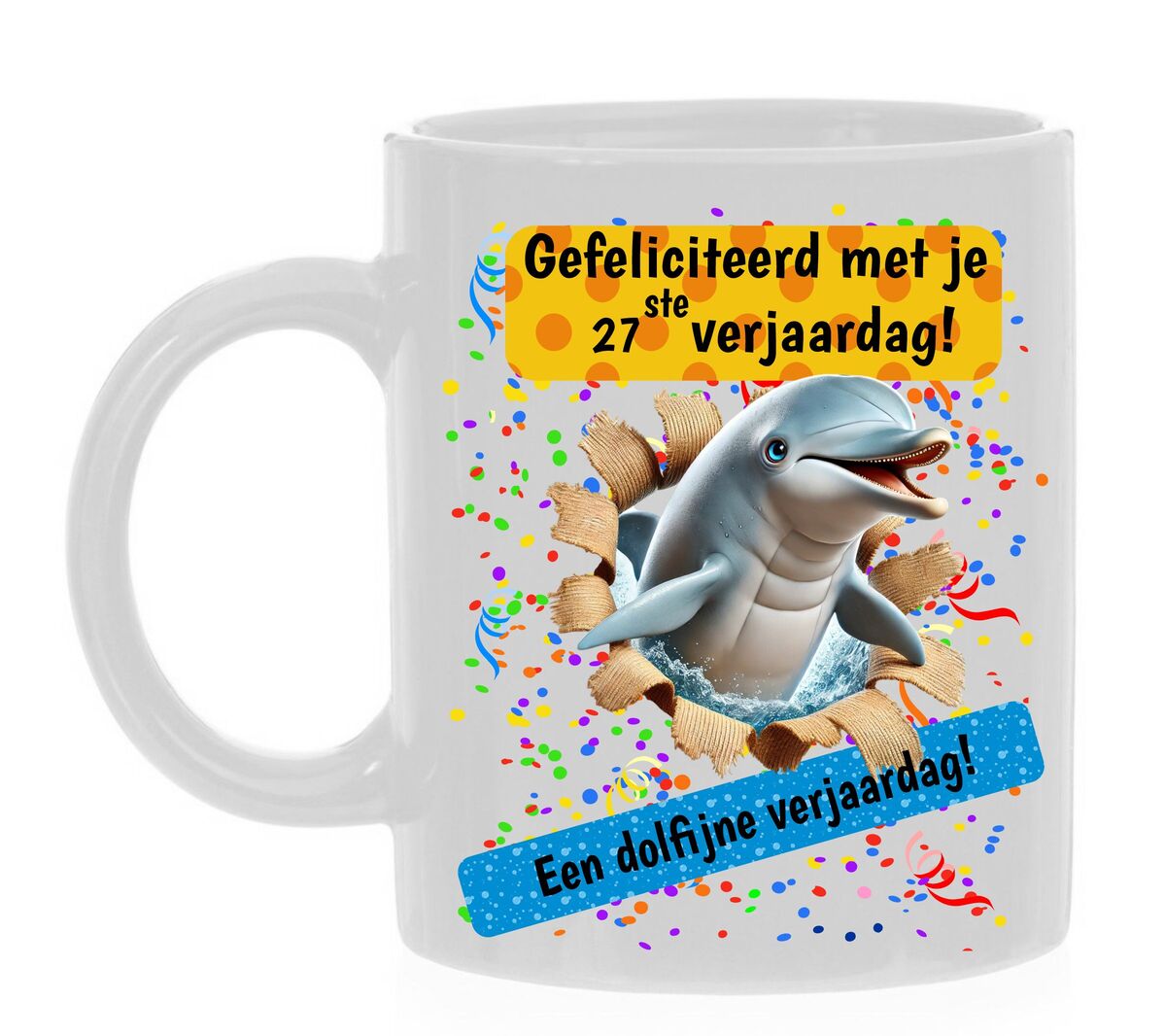 Dolfijne koffiemok voor hem of haar die 27 jaar wordt. koffie beker