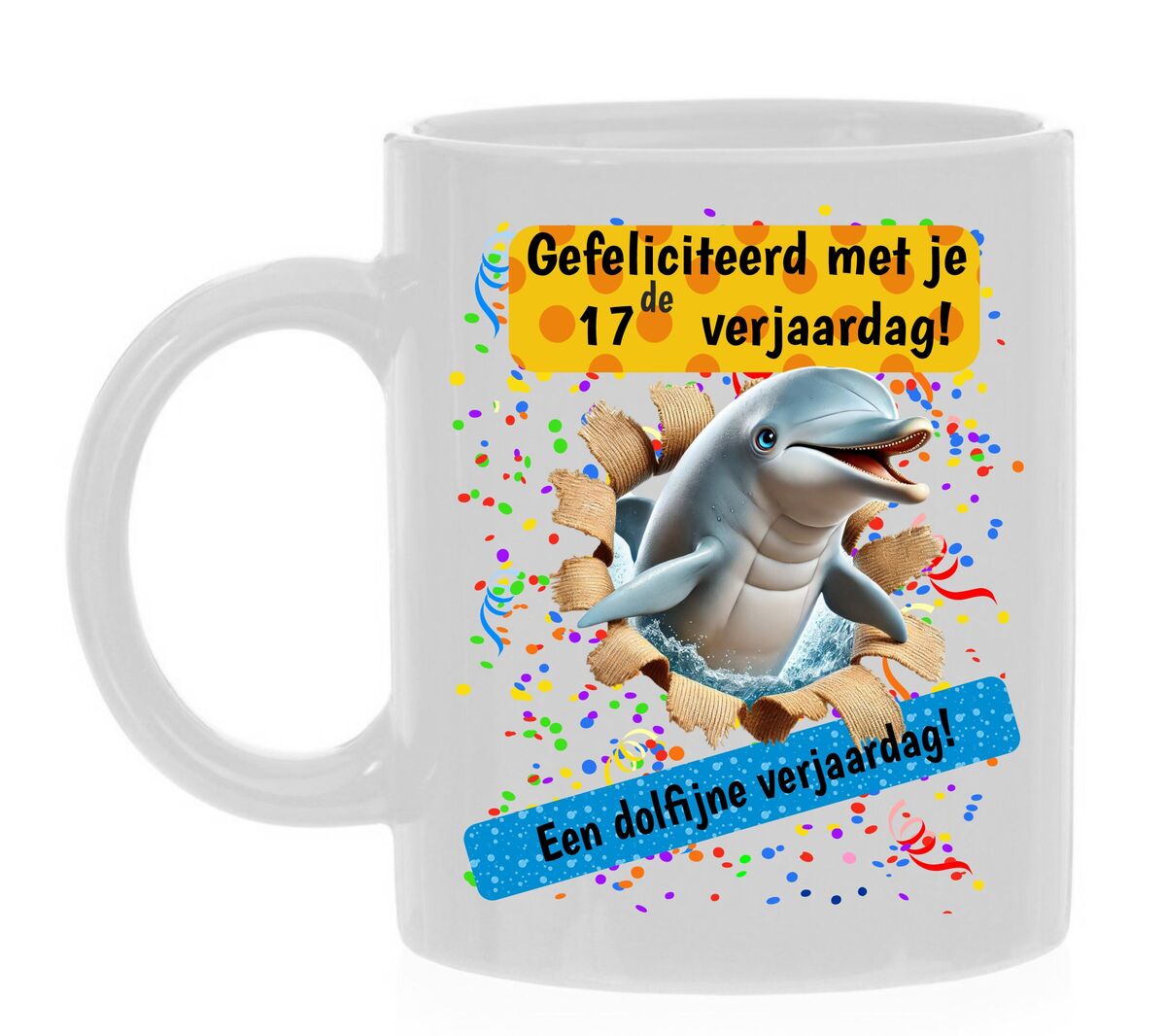 Koffiemok dolfijne 17de verjaardag leuk kado