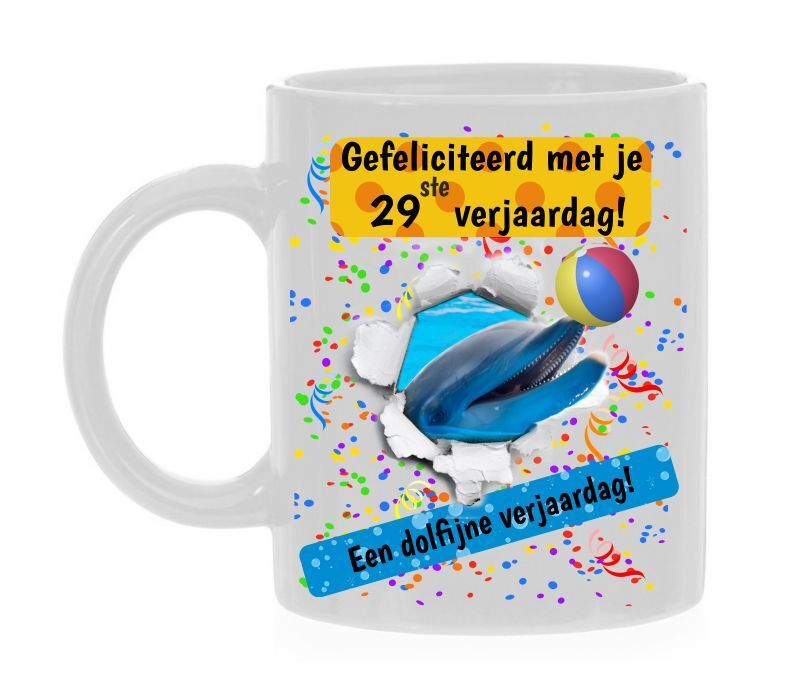 Koffiebeker met een feestelijke print Dolfijne 29ste verjaardag 