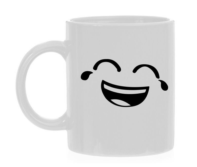 koffiemok met cartoon lachende figuurtje erop gedrukt