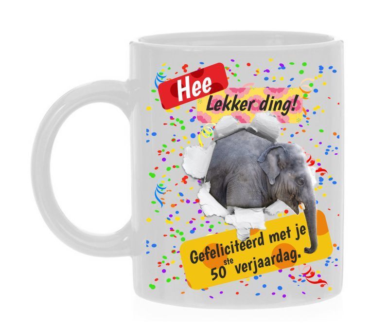 Koffiebeker 50ste verjaardag presentje vrolijk grappig olifant opdruk