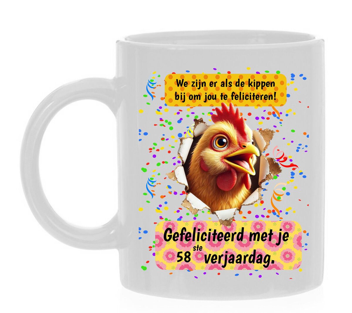 Mok 58ste verjaardagskado presentje kippen opdruk