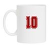 Witte mok met het getal 10 erop in het robijnrood.