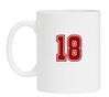 Witte mok met het getal 18 als opdruk robijnrood
