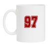 Mok wit met getal 97 als opdruk robijnrood