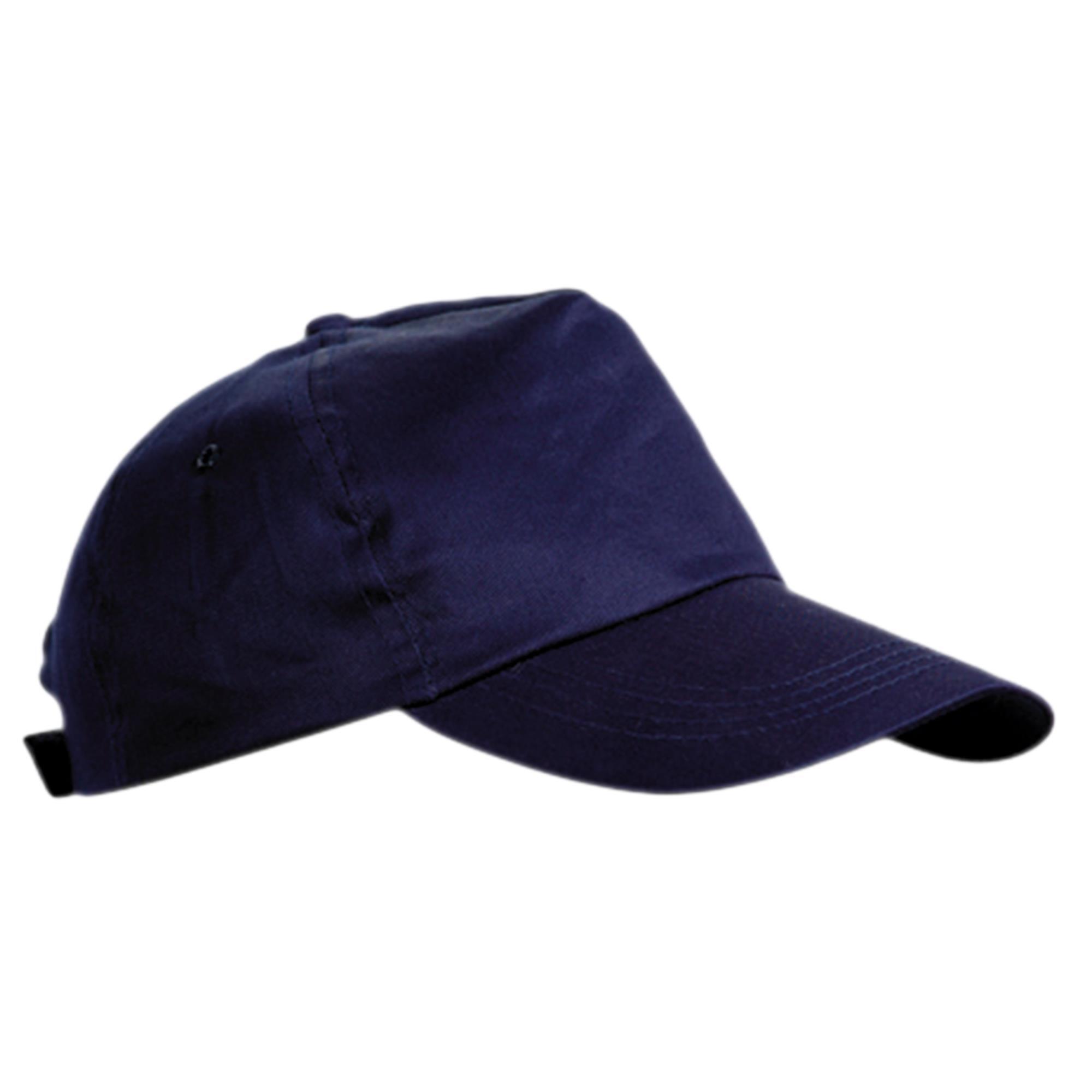 Petje marine blauw 5-panel cap met 2 geborduurde ventilatiegaatjes.