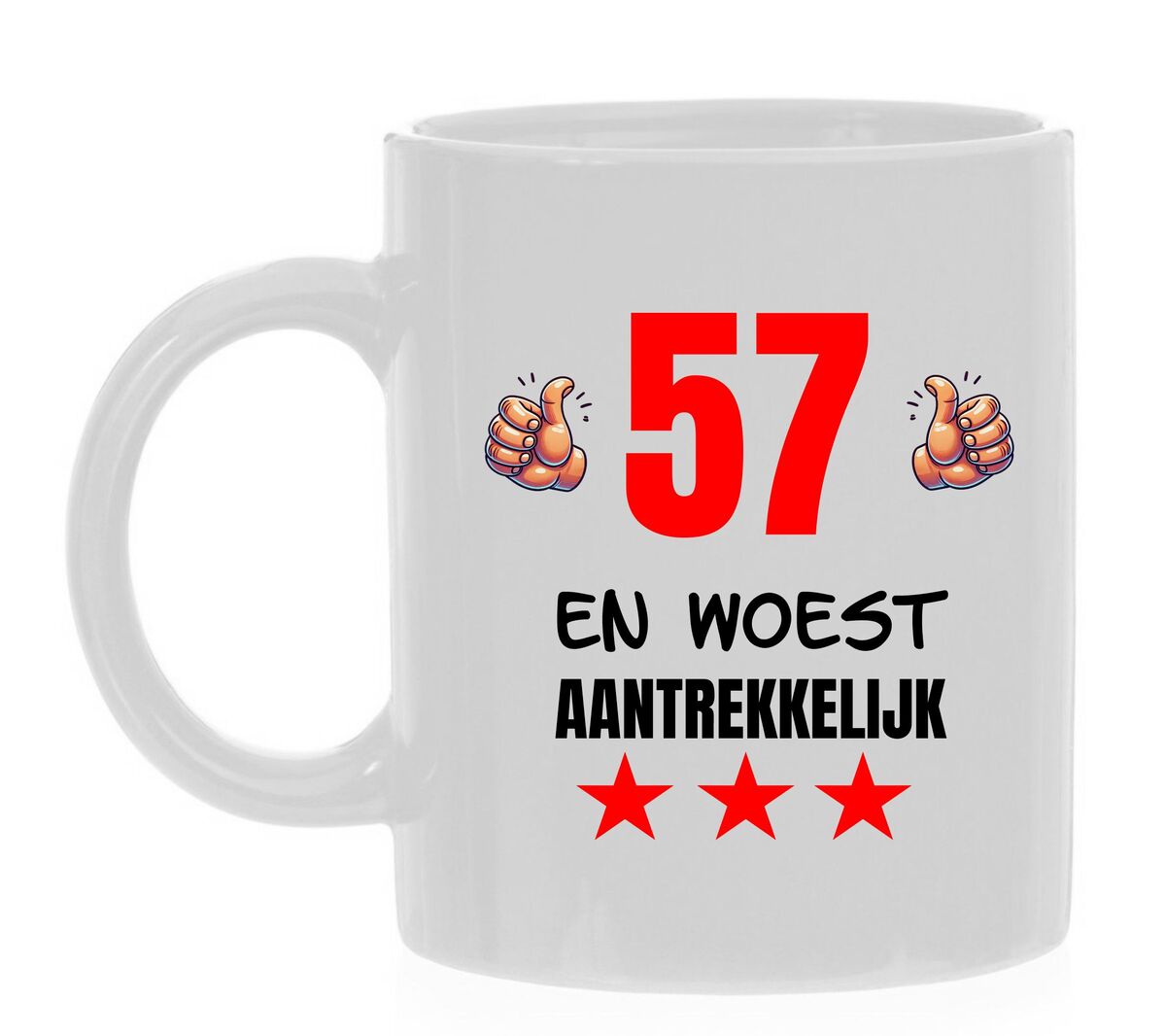 Koffiemok met geinige tekst 57 en woest aantrekkelijk