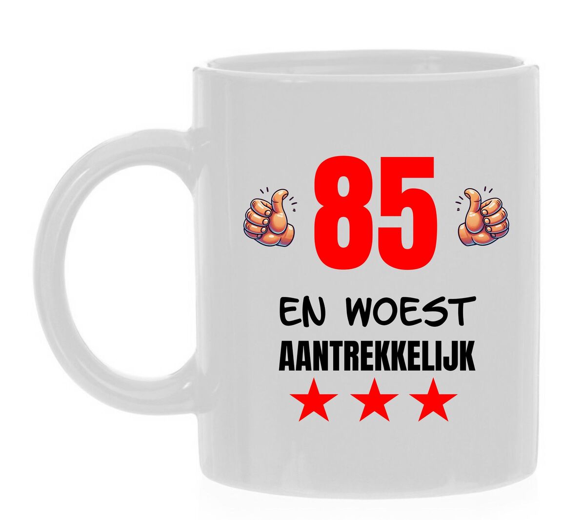 Mok met een leuk verjaardag tekst 85 en woest aantrekkelijk leeftijd 85 jaar