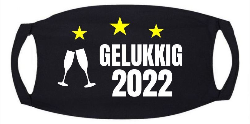 Mondkapje zwart met gelukkig 2022 jaarwisseling