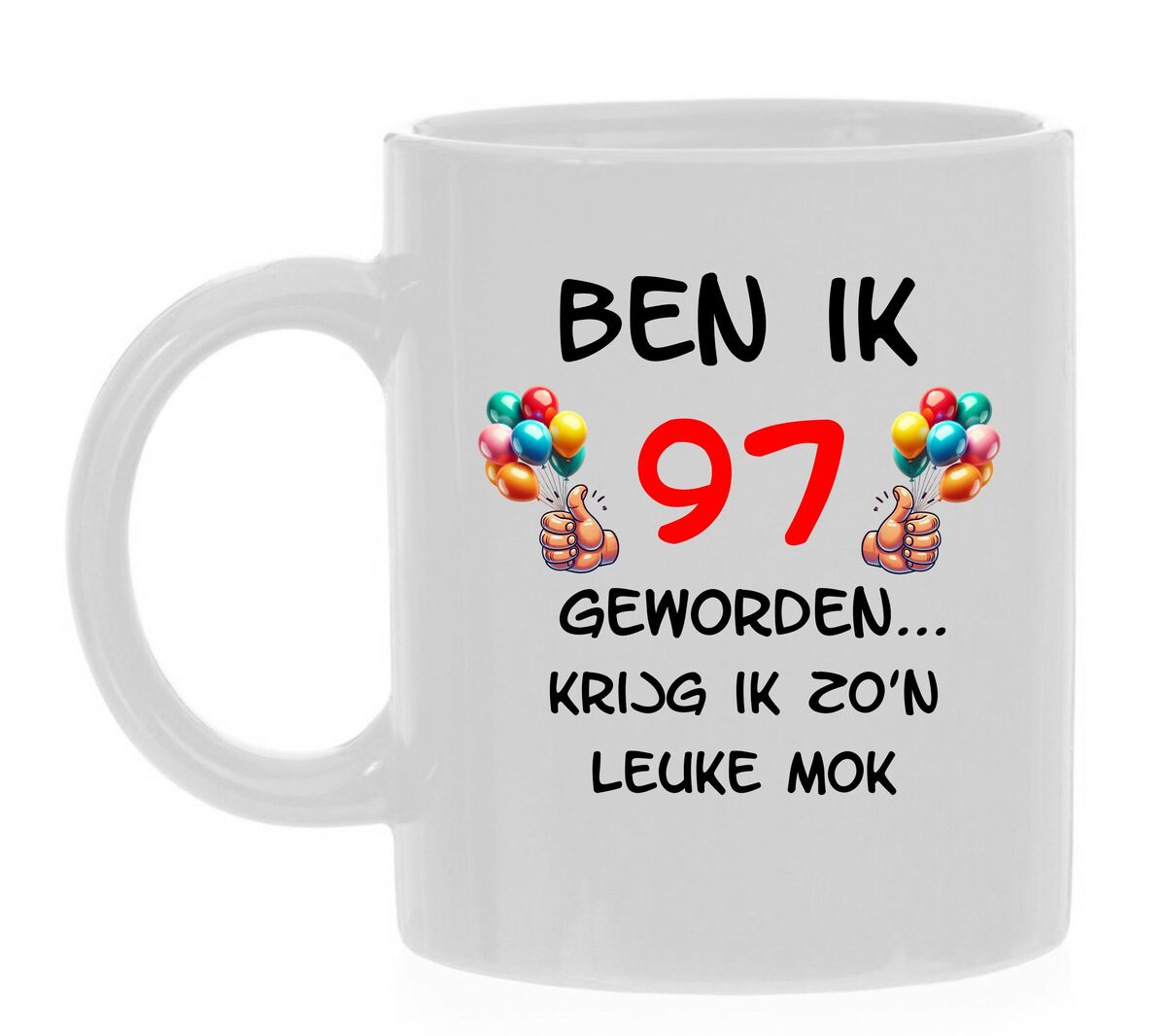 Mok beker voor koffie of thee met full colour opdruk en tekst 97 jaar