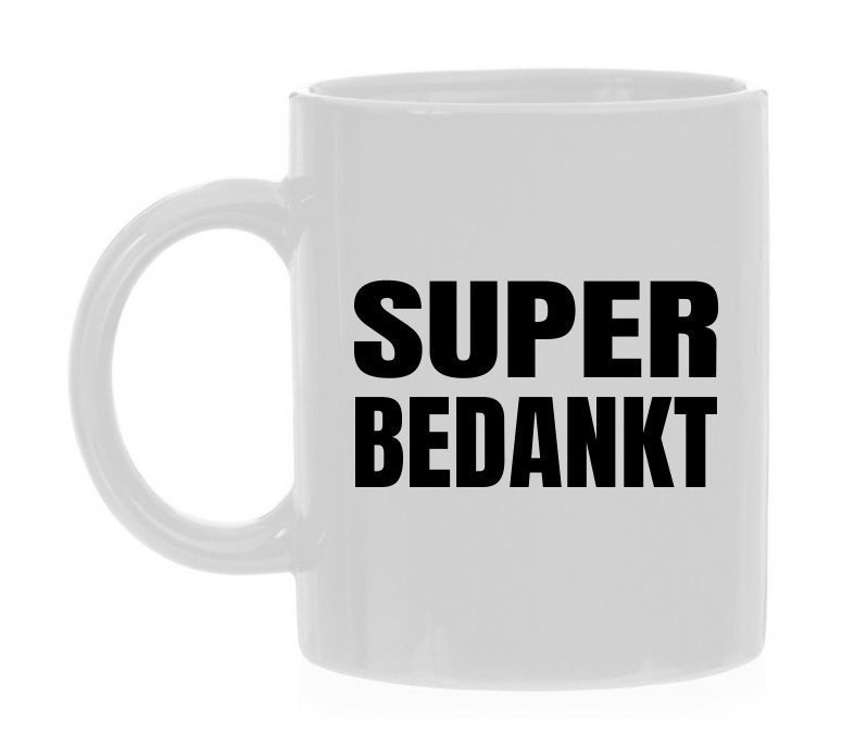 Witt mok met zwarte koeien letters super bedankt.