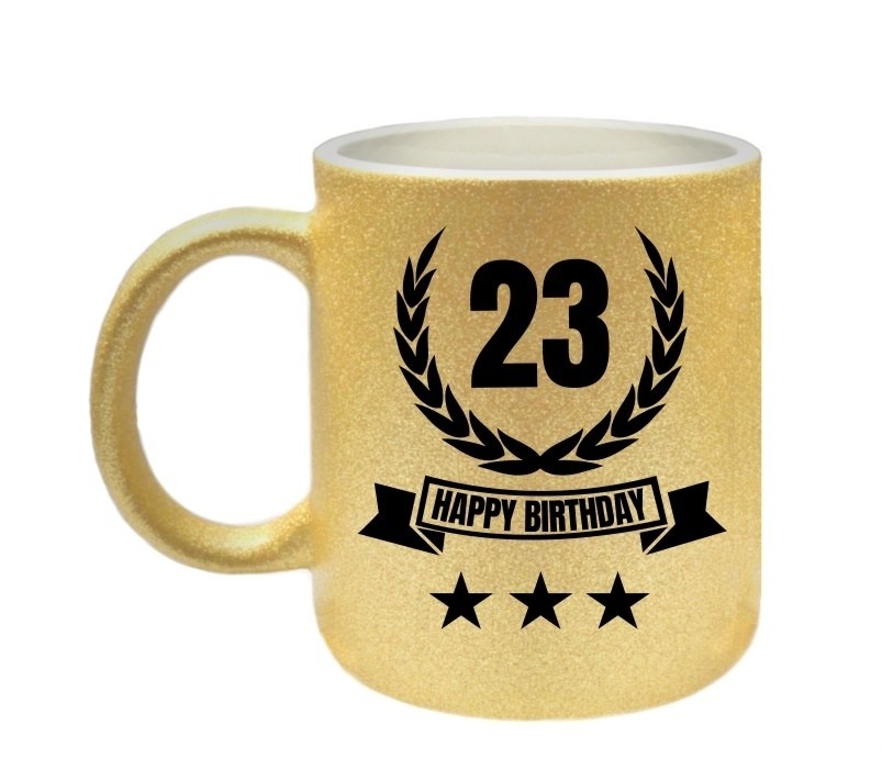 Mok glitter goud happy birthday 23 jaar feest verjaardagsmok superleuk