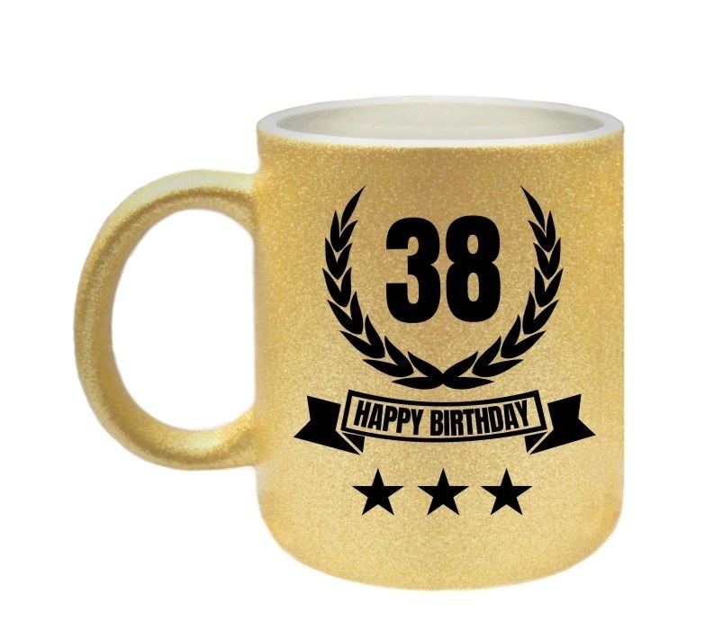 Mok glitter goud happy birthday 38 jaar verjaardagsmok vrolijke foute koffie mok