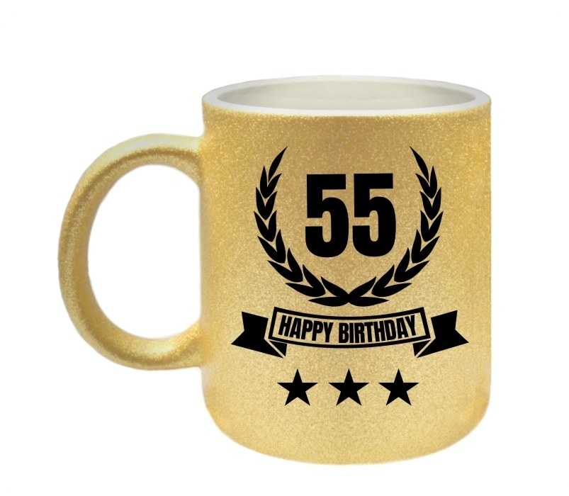Mok glitter goud happy birthday 55 jaar verjaardagsmok feestelijk verjaardagscadeau