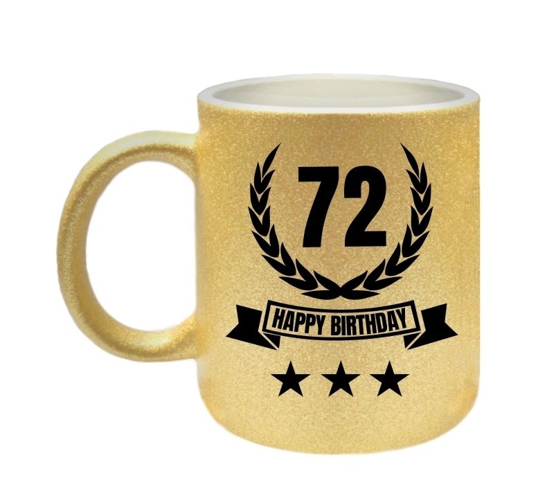 Opvallende glitter goud koffie of thee mok 72 jaar cadeau verjaardag
