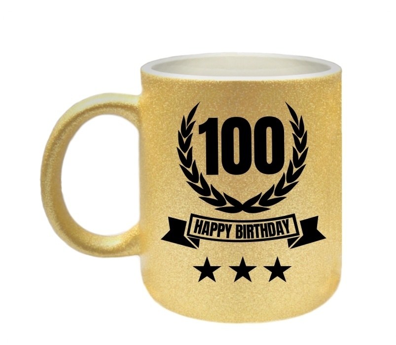 Mok glitter goud happy birthday 100 jaar verjaardagsmok kado honderdjarige