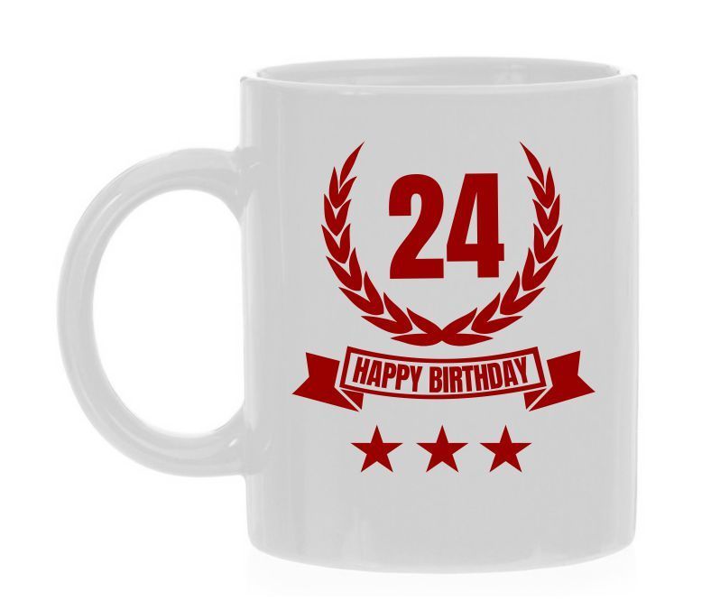 Happy birthday beker wit met bordeaux rode opdruk 24 jaar verjaardag