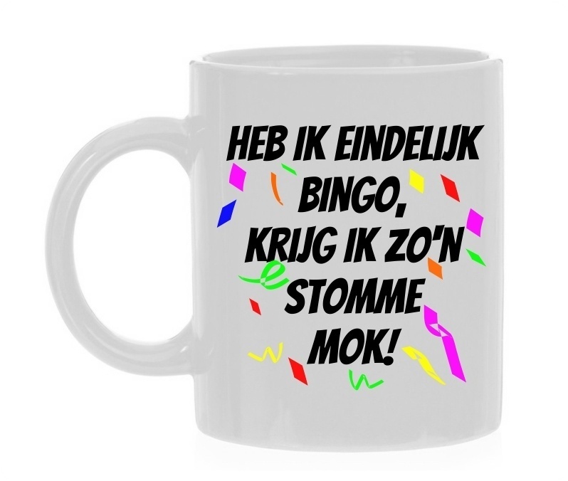 Heb ik eindelijk bingo, krijg ik zo'n stomme mok! troostprijs poedelprijs humor grappig gek maf