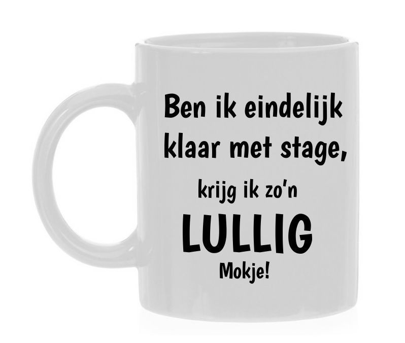 Ben ik eindelijk klaar met stage krijg ik zo'n lullig mokje kado stageloper afronden stage