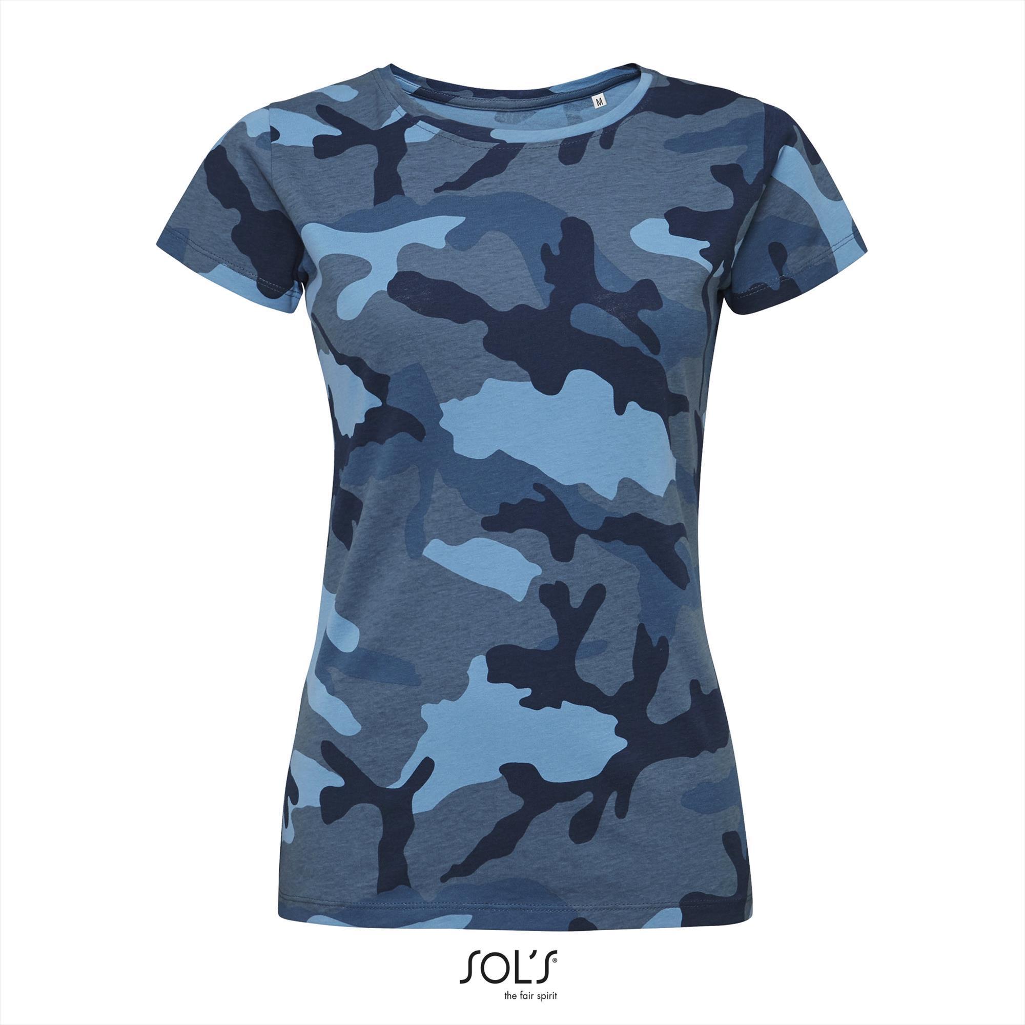 Dames camouflage T-shirt voor stoere dames blauwe camouflage print