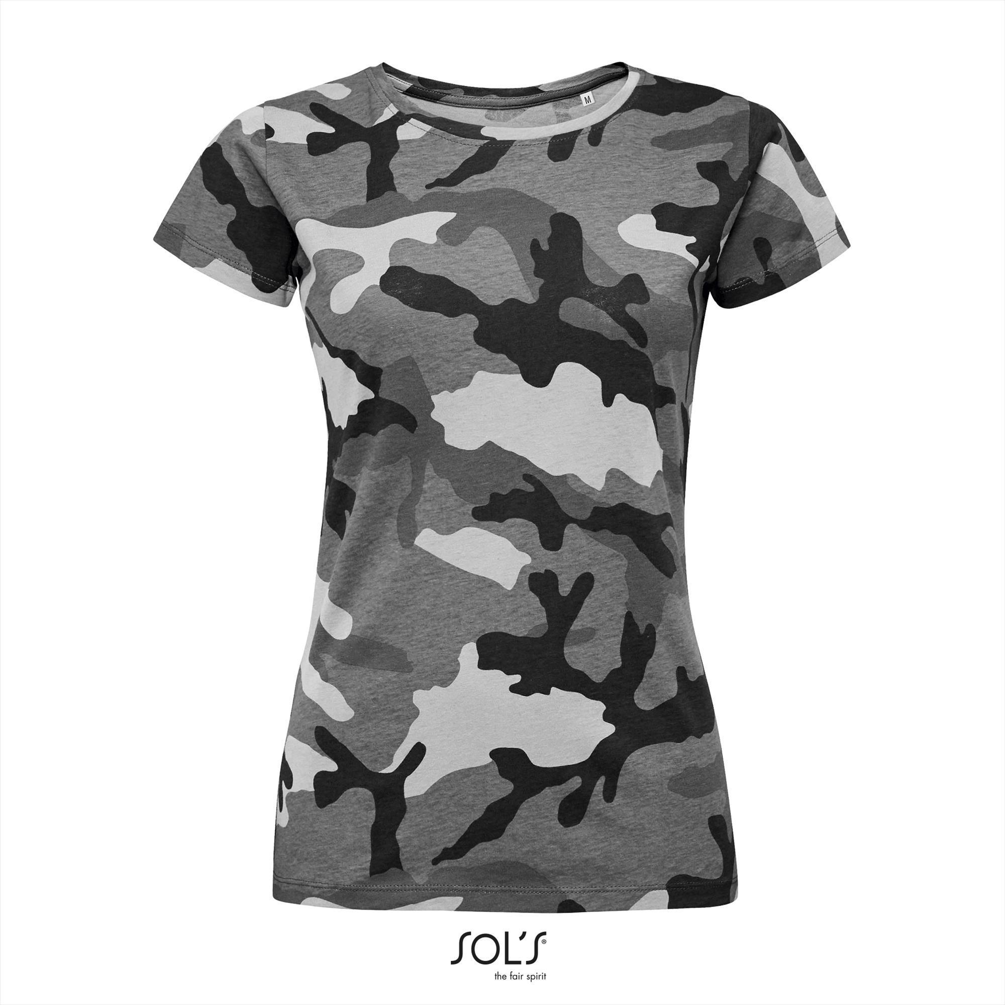 Dames camouflage T-shirt voor stoere dames grijze camouflage print