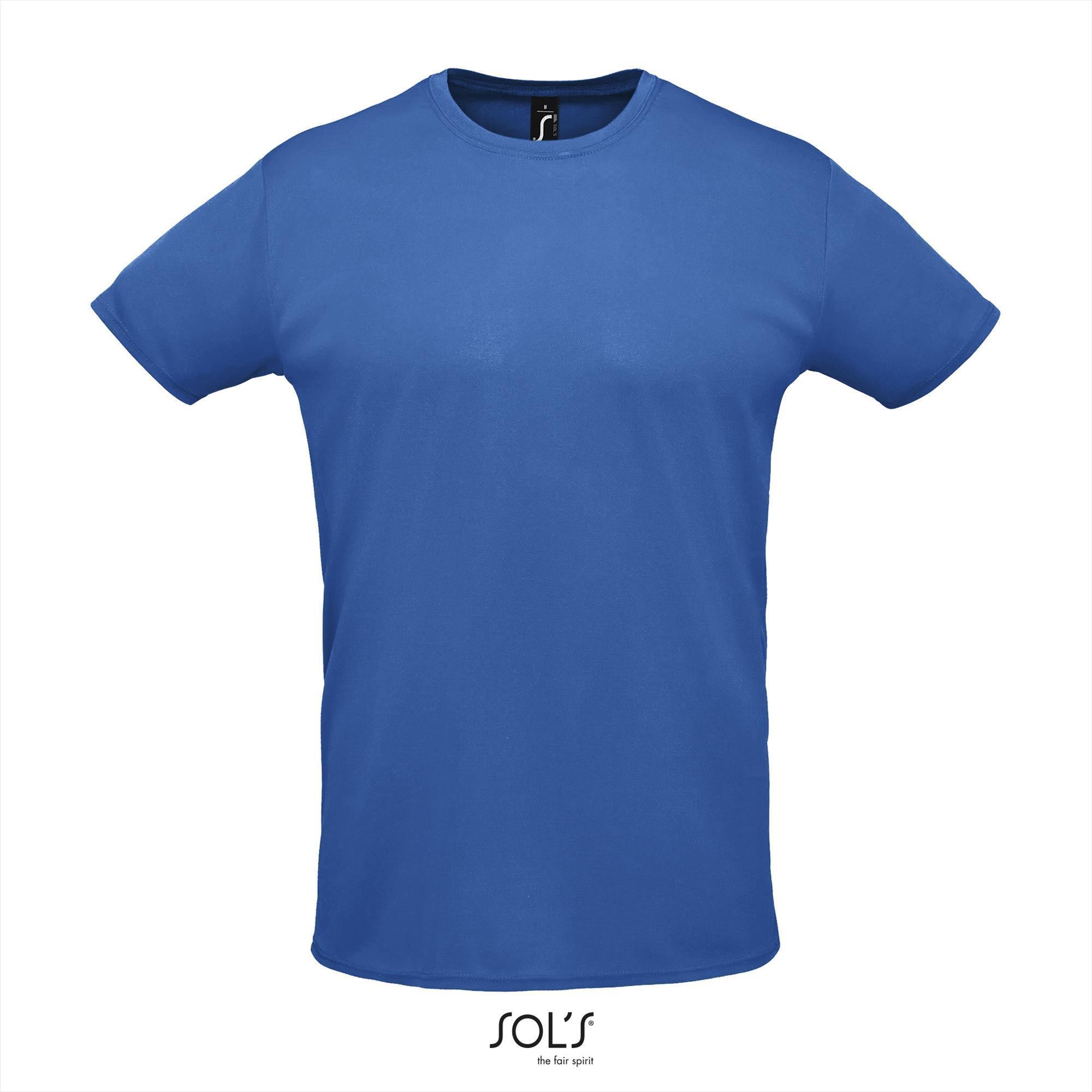 Heren Sport T-shirt Polyester blauw met body en kraag van pique stof ronde hals 