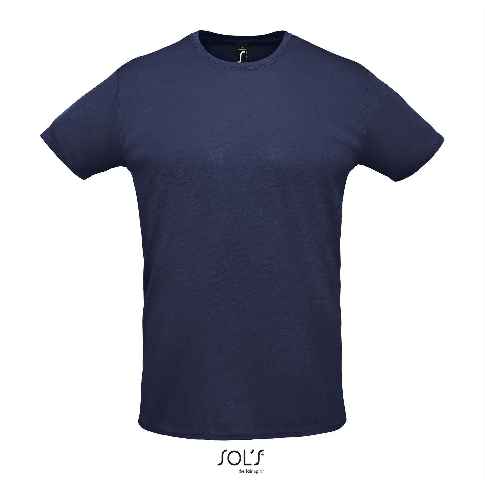 Heren Sport T-shirt Polyester met body en kraag van pique stof ronde hals in donker blauwe kleur