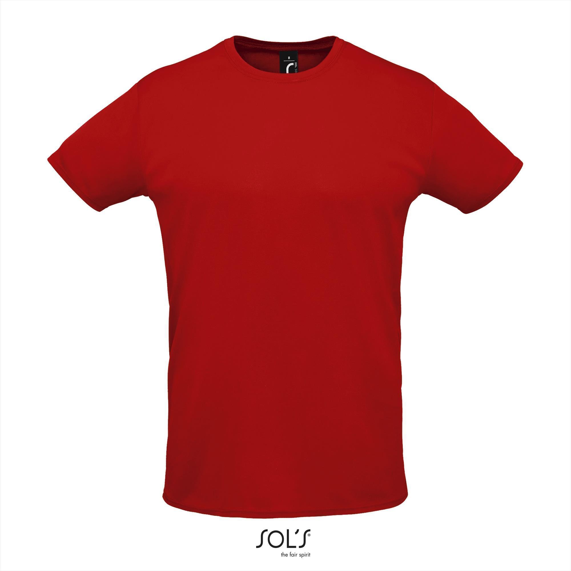 Heren Sport T-shirt Polyester rood met body en kraag van pique stof ronde hals 