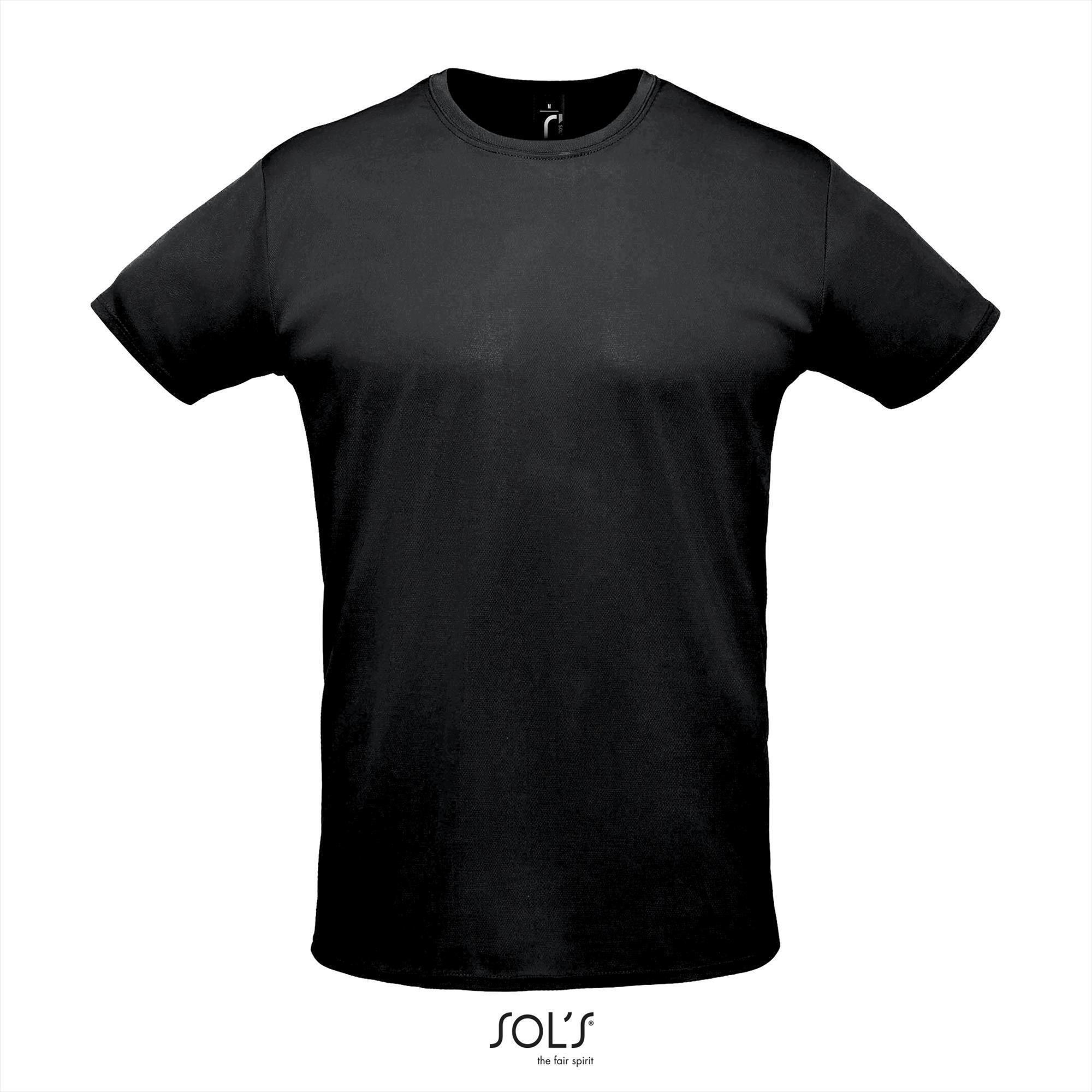 Heren Sport T-shirt Polyester zwart met body en kraag van pique stof ronde hals 