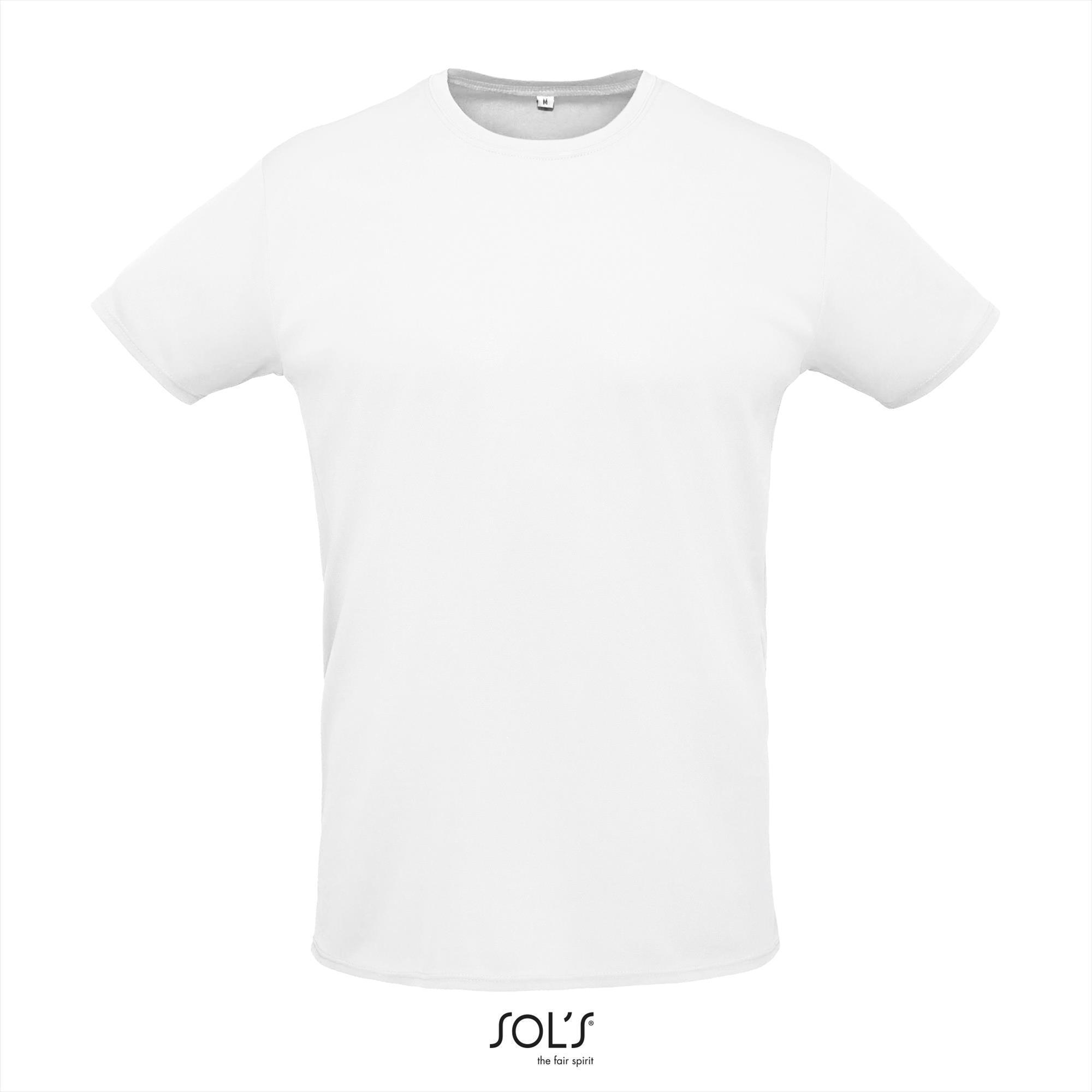 Heren Sport T-shirt wit met body en kraag van pique stof ronde hals Polyester