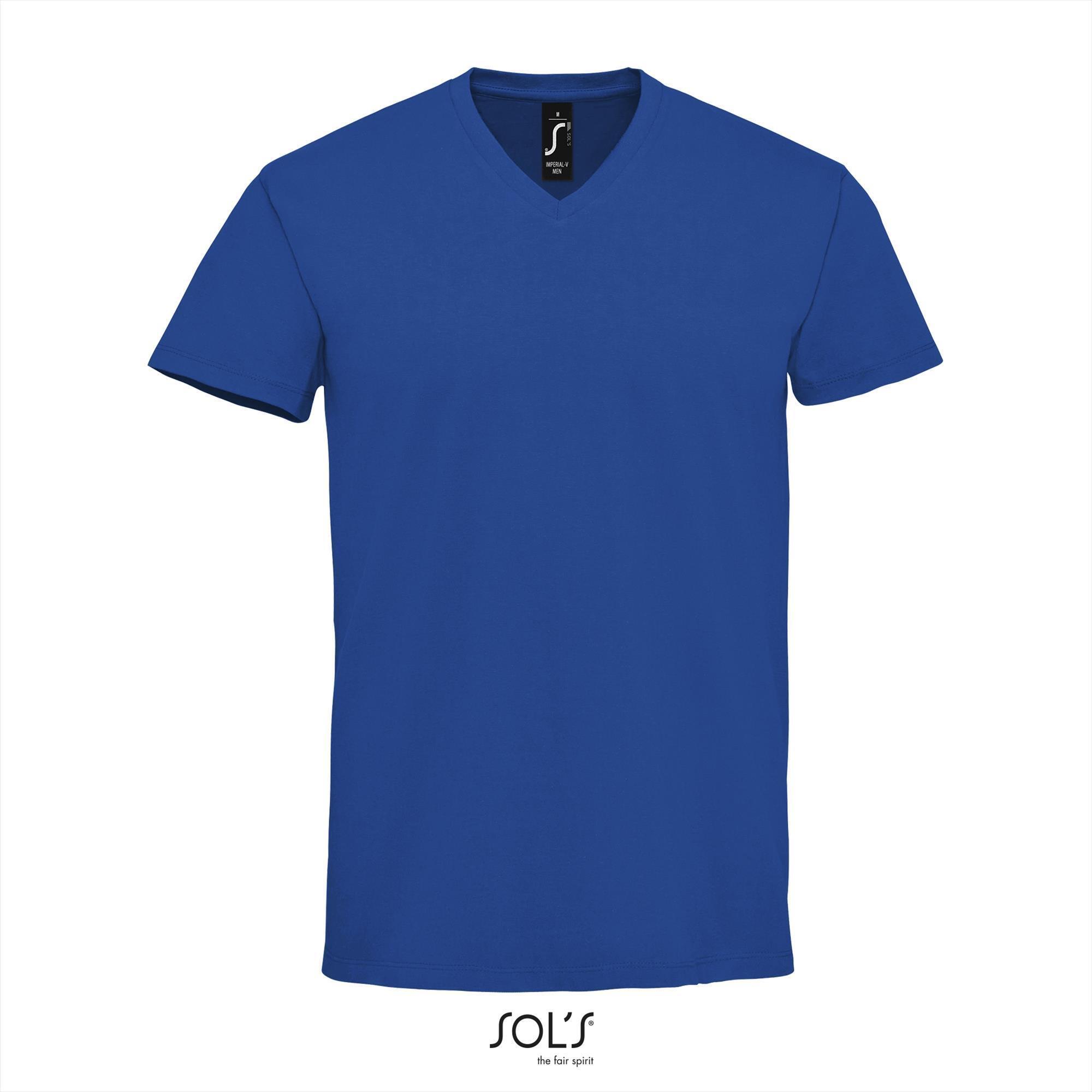 Heren T-shirt met v-hals trendy grijs melange mannen shirt royal blauw