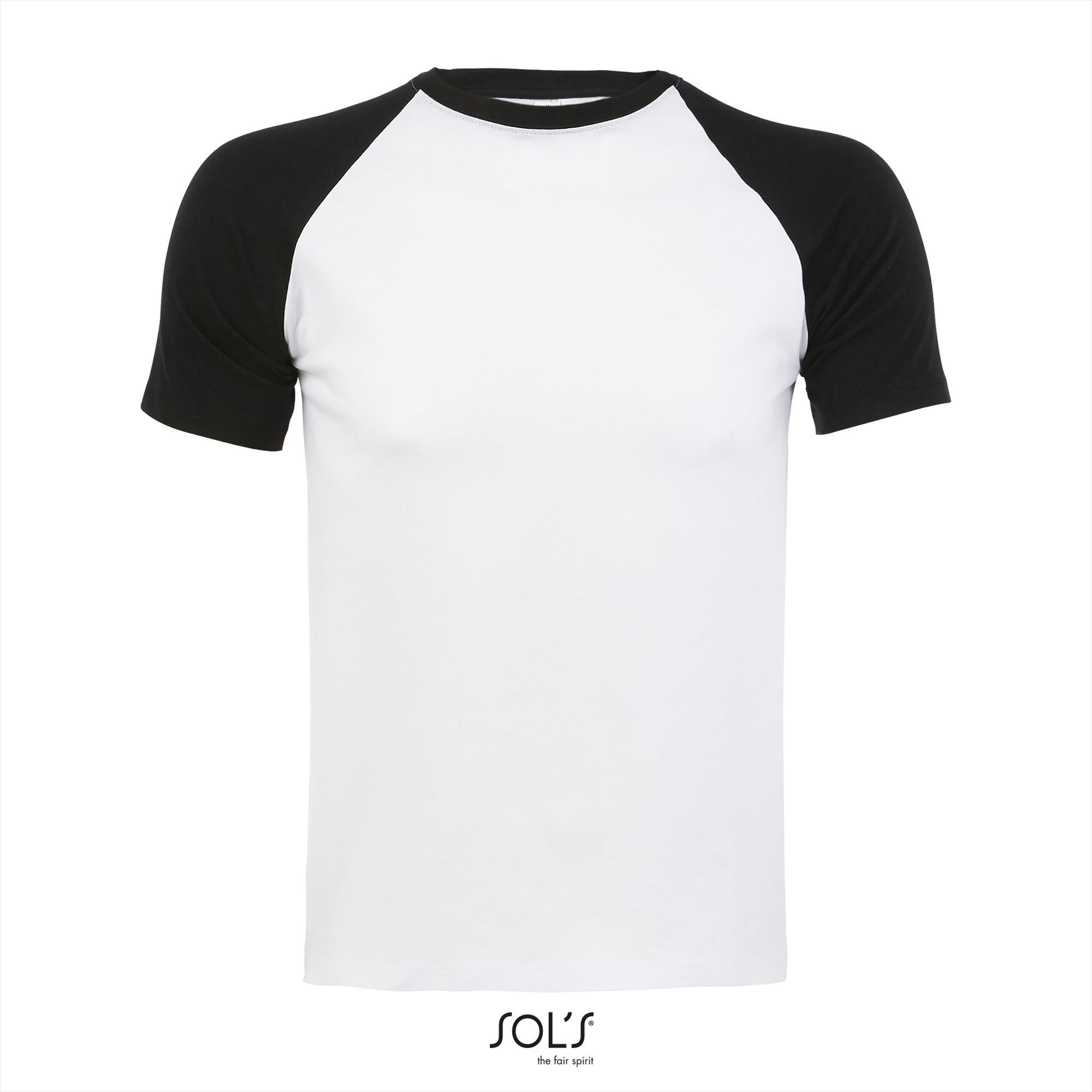 Tweekleurig heren T-shirt met raglan mouwen wit shirt met blauwe mouwen