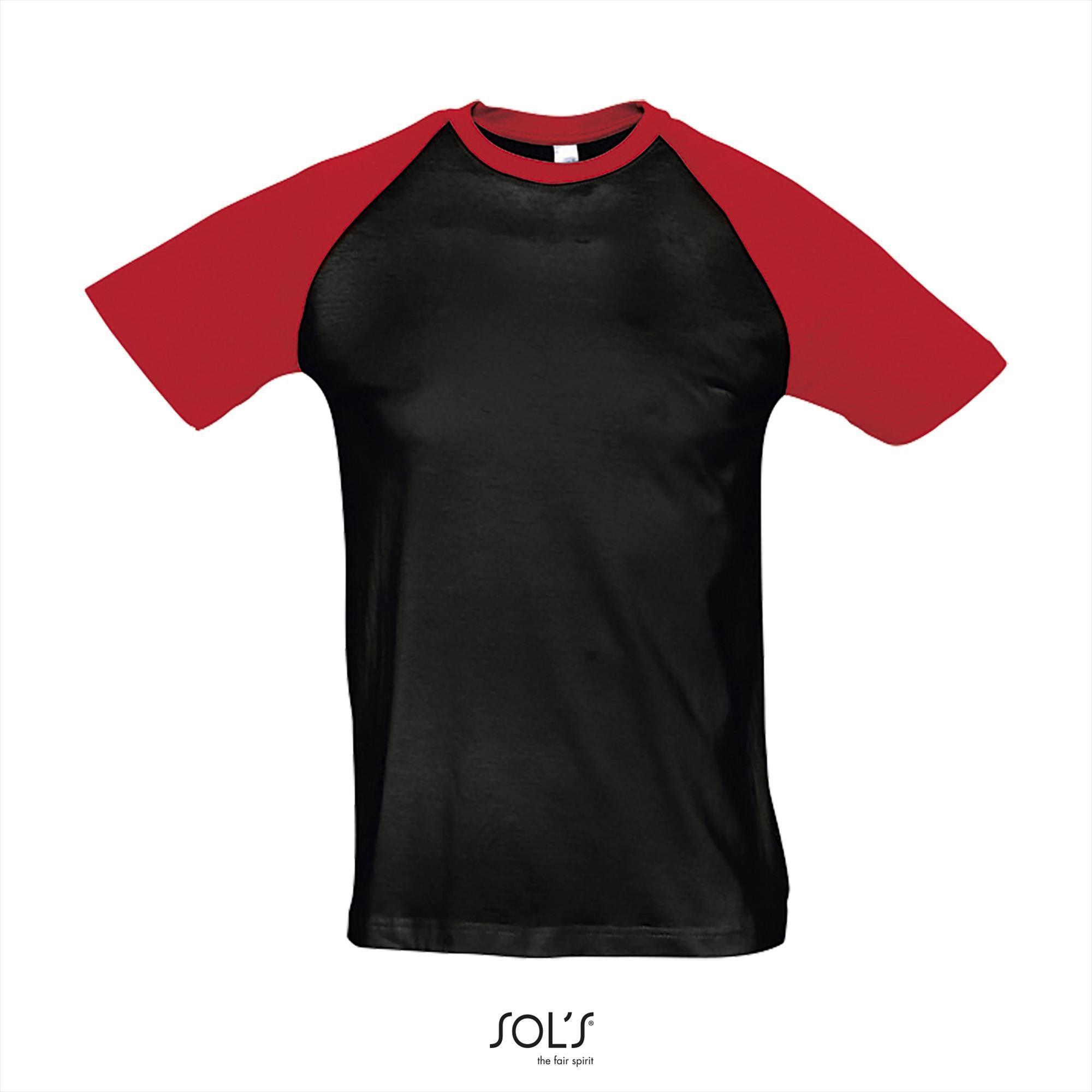 Tweekleurig heren T-shirt met raglan mouwen zwart shirtje met rode mouwen funky