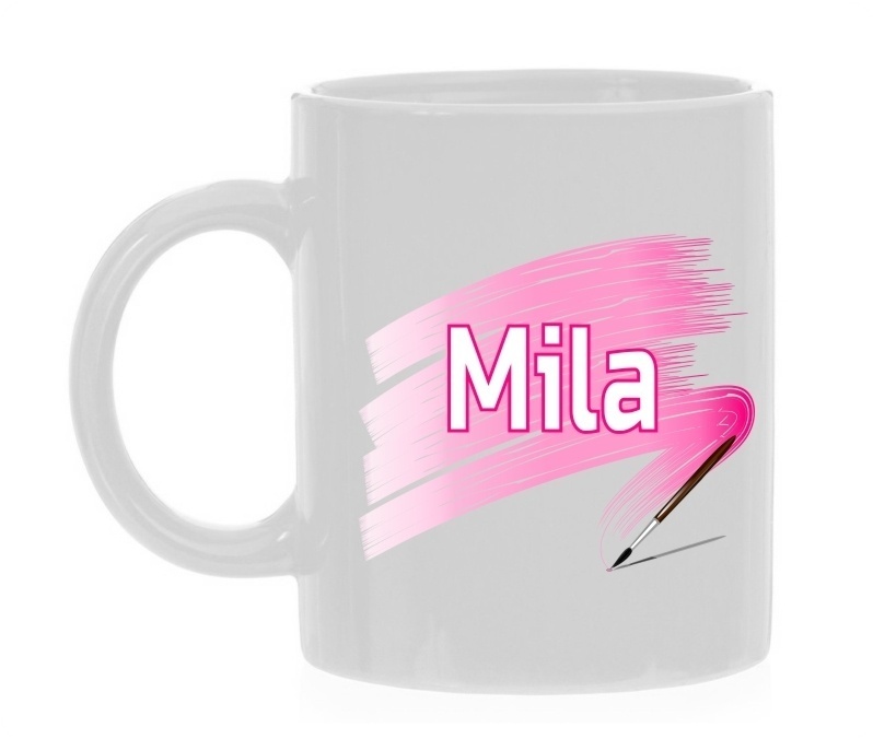 mok met naam de Mila in het roze erop gedrukt.