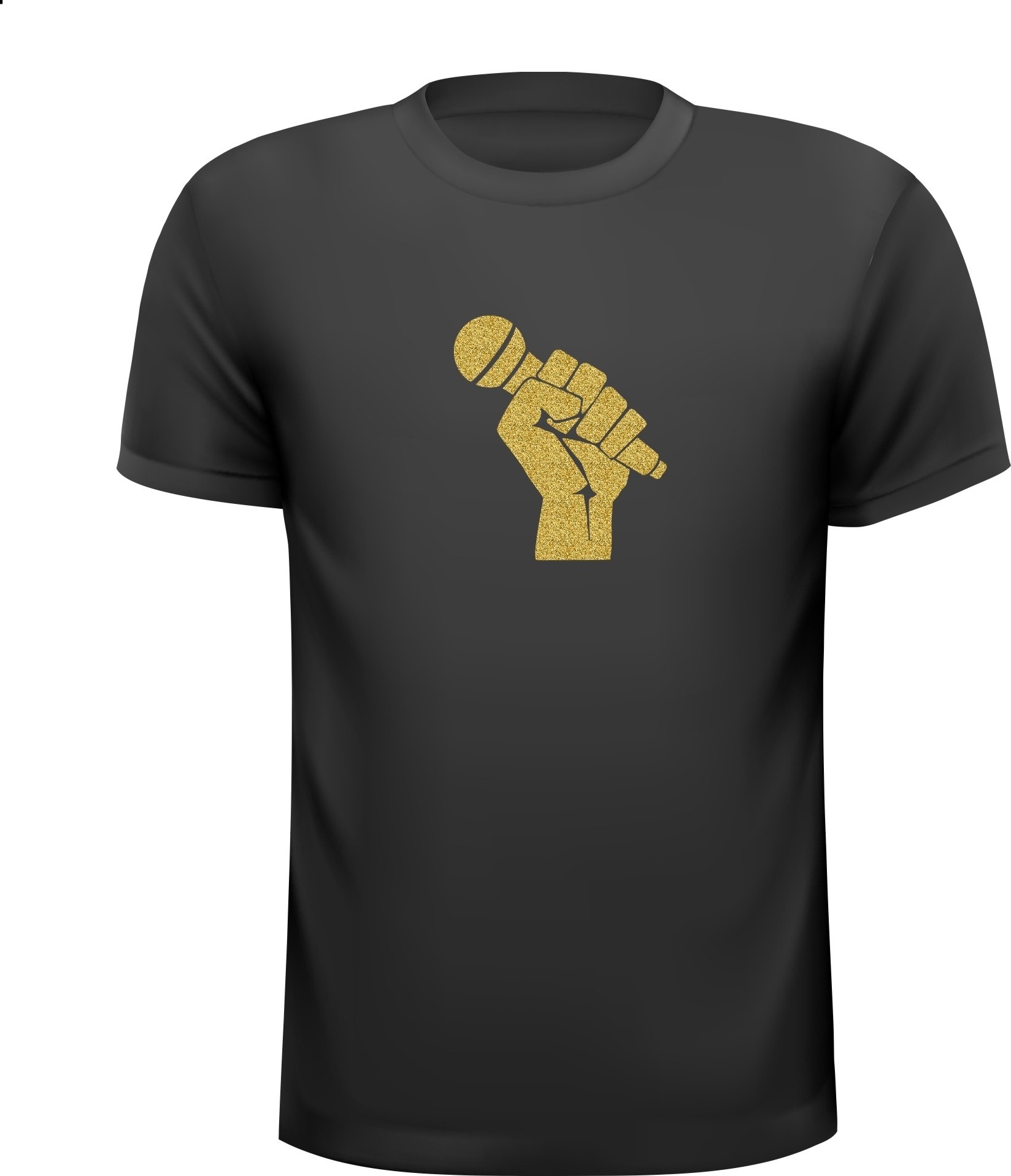 T-shirt microfoon in de hand in het glitter goud super fout