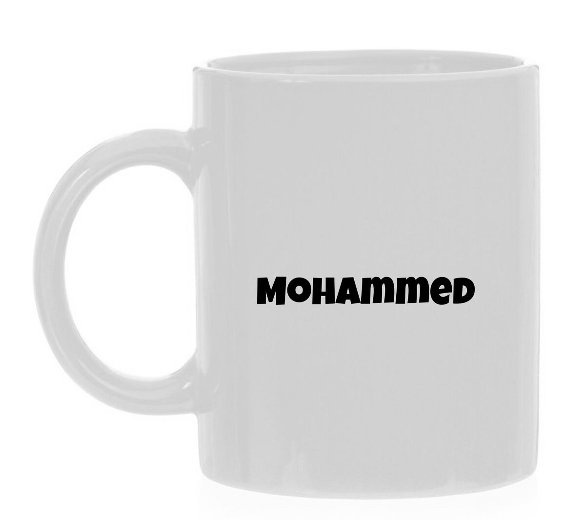 Witte mok met de jongsnaam Mohammed als opdruk.