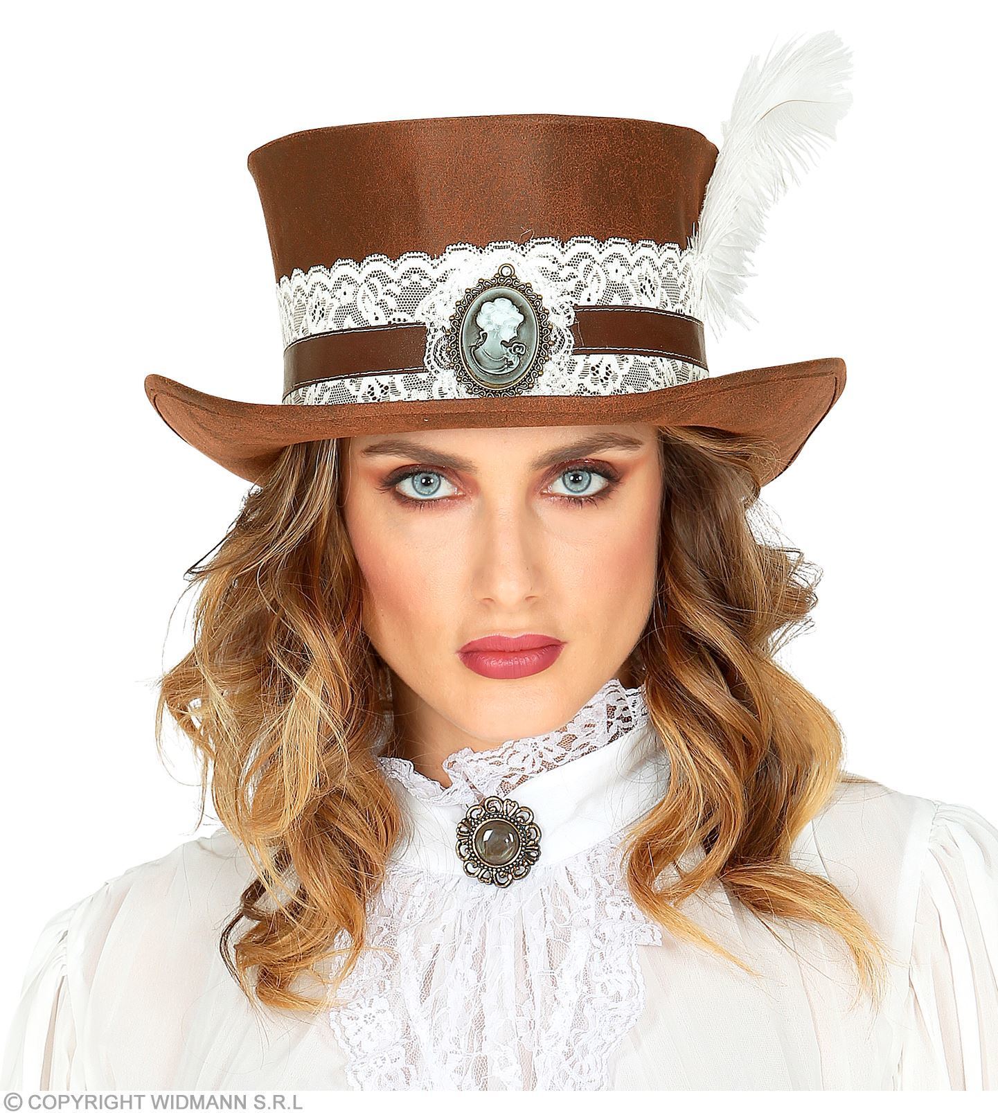 Bruine hoge hoed steampunk volwassen met witte stoffen borduur rand