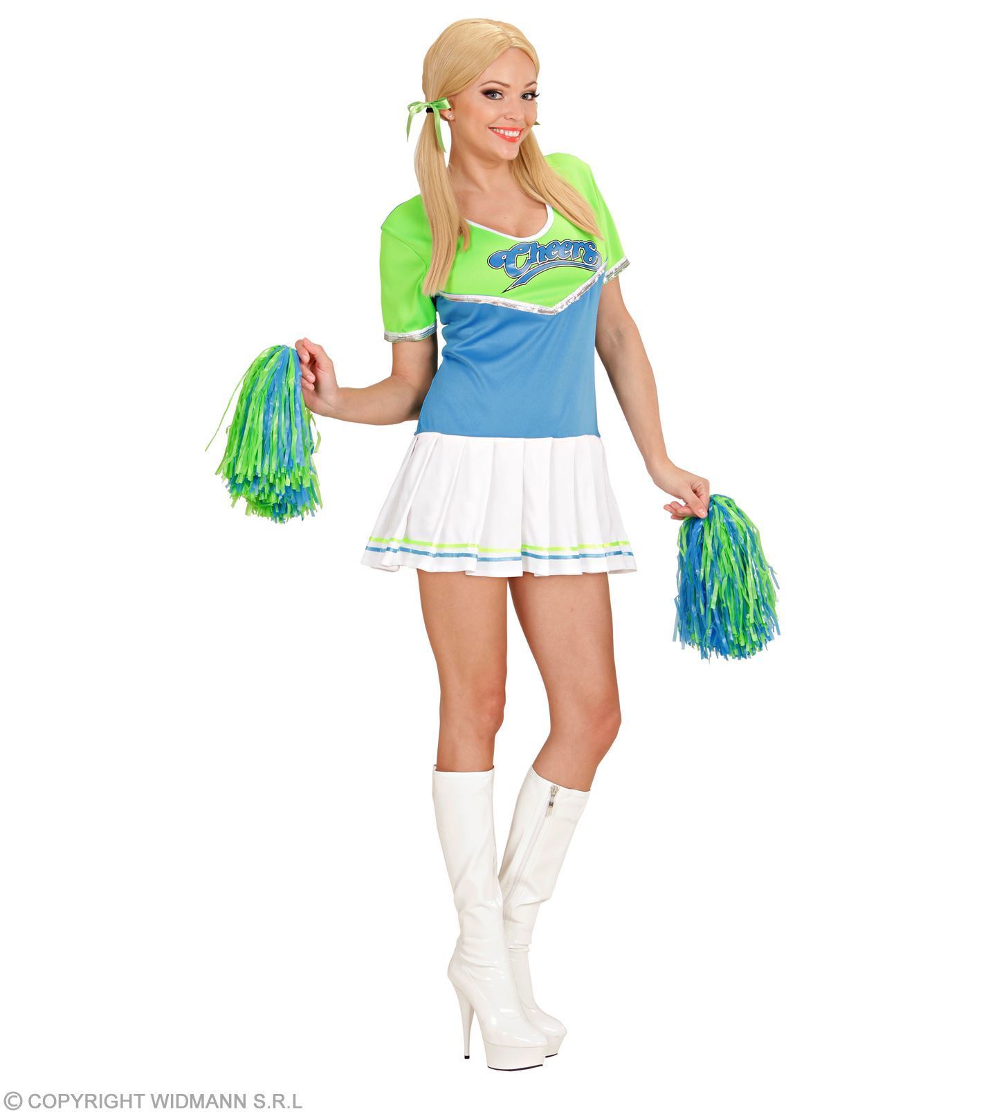 Cheerleader groen met blauw compleet kostuum volwassen