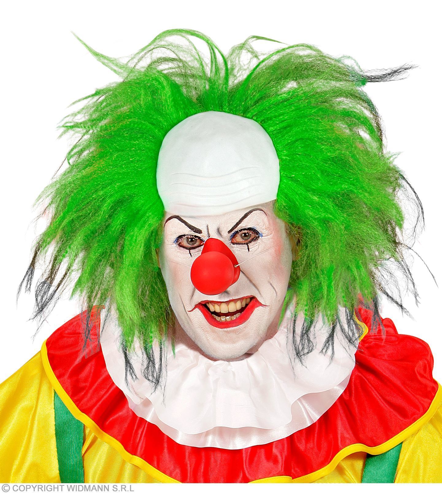 clown pruik met groen haar zijkanten en een kale kop!